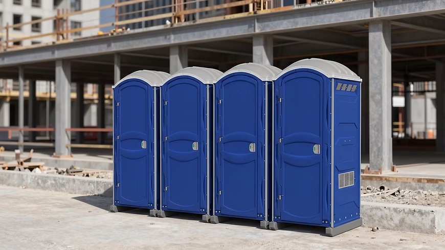 Row of blue porta potties at a construction site