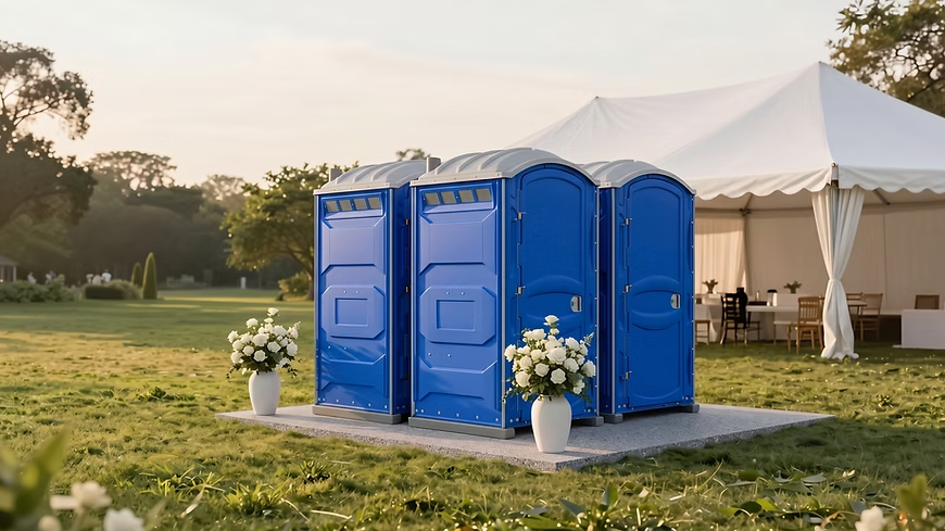 Blue portable restrooms at an outdoor event with tent